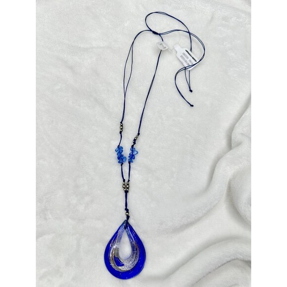 NEW Free People Blue Glass Teardrop Pendant Necklace Cord Silver Beads Metallic - Picture 1 of 5